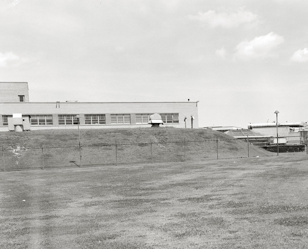 Grassy mound in front of building.