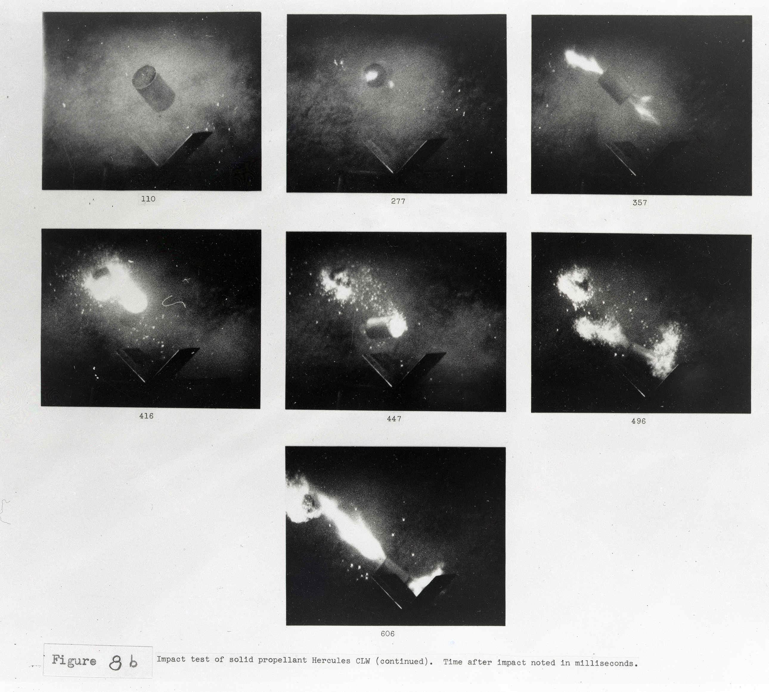 Series of images showing the effect of projectile impact on solid rocket tank.