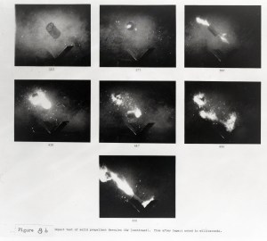 Series of images showing the effect of projectile impact on solid rocket tank.