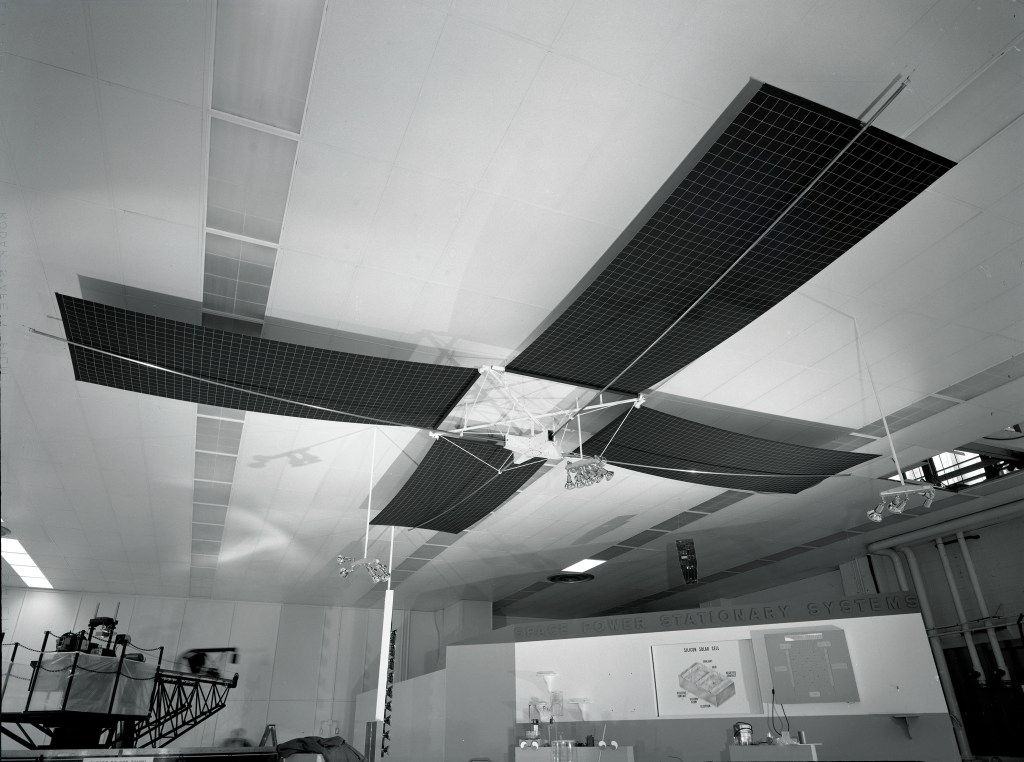 Solar array model hanging from ceiling.