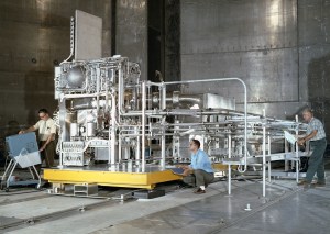 Test hardware inside large vacuum chamber.