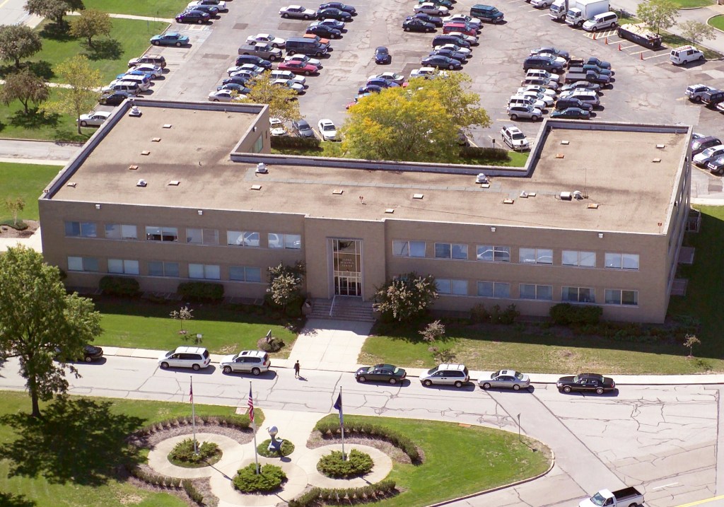 Aerial view of office building.
