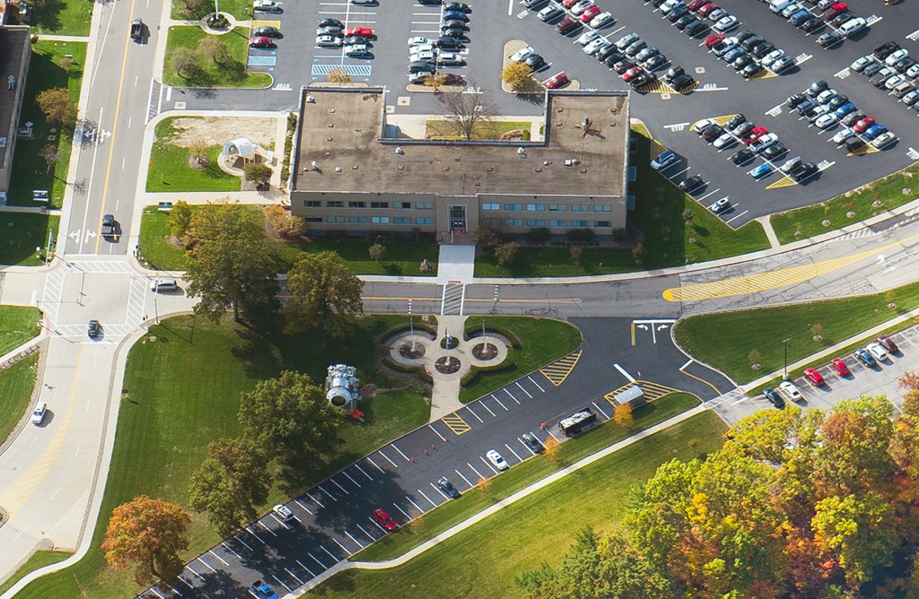 Aerial view of the area in front of the Administration Building in 2015