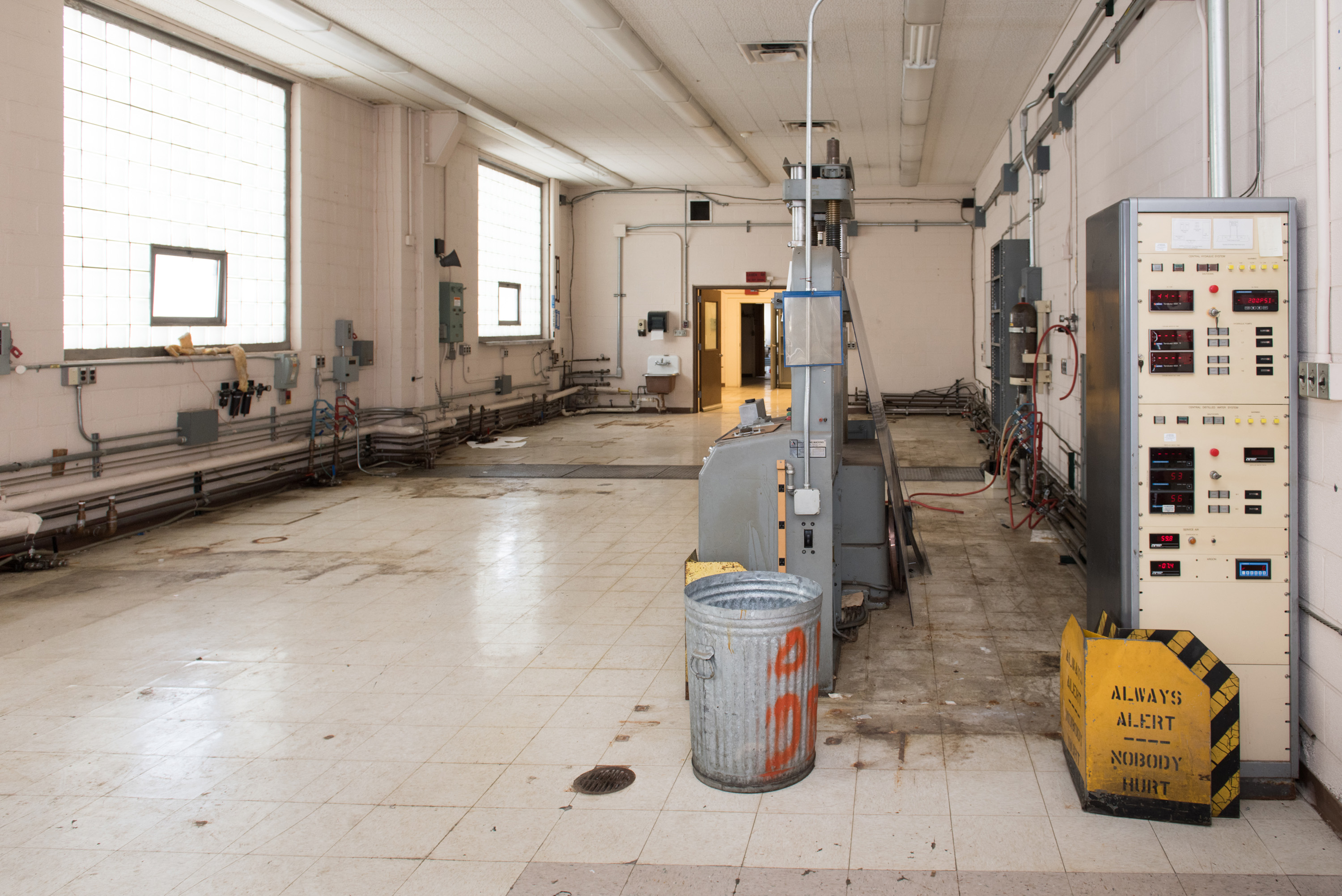 Empty room in the SPL with materials test rigs.