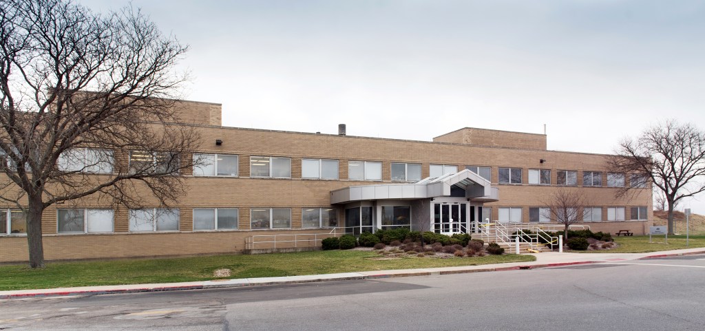 Exterior of brick building.