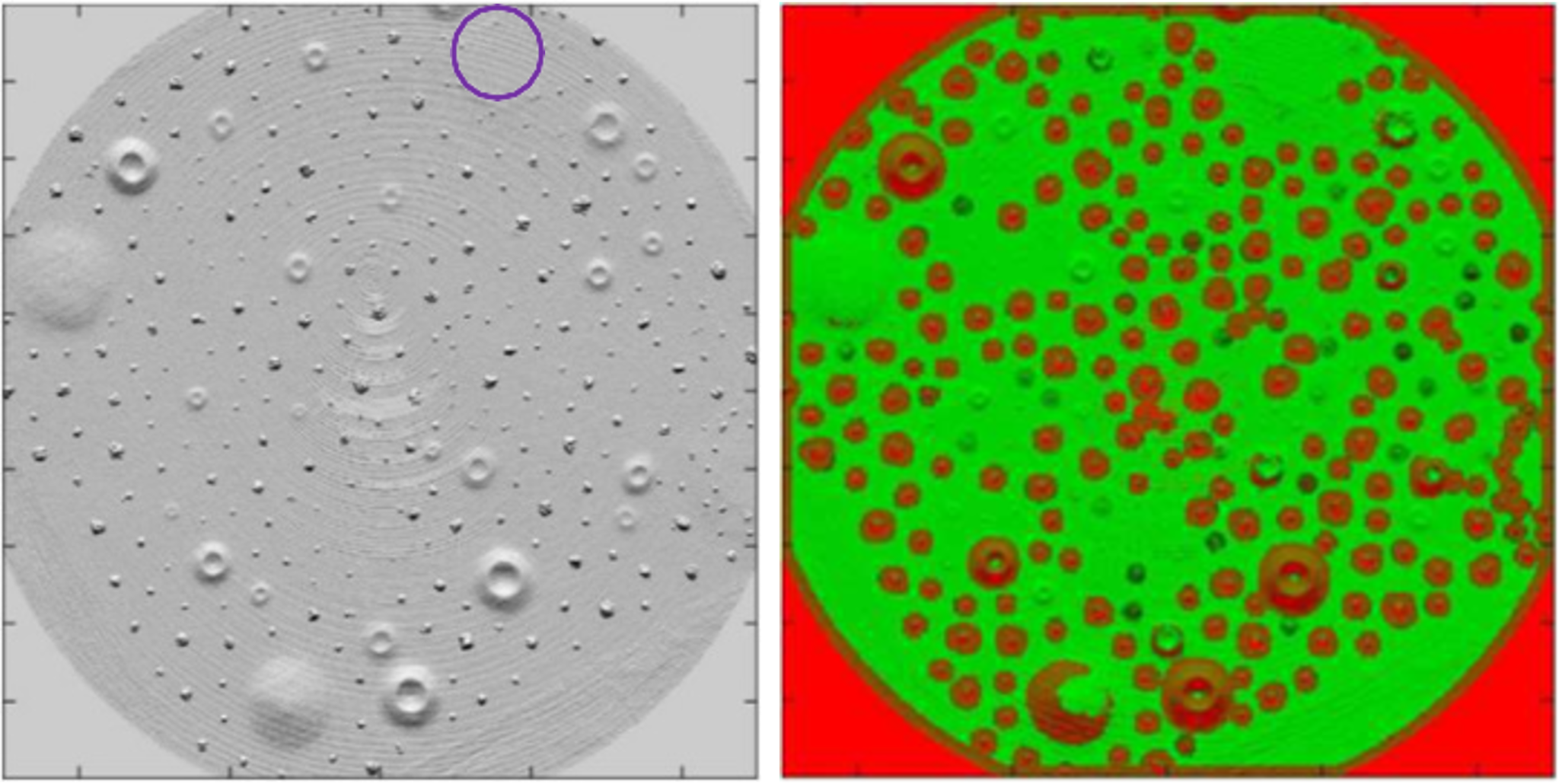 Side-by-side images collected by a hazard detection lidar instrument show potential hazards in a simulated hazard field.
