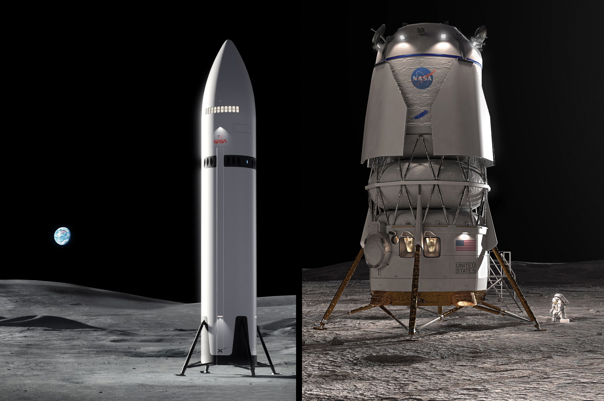 Thumbnail for NASA's HLS (Human Landing System) fact sheet showing a SpaceX HLS on the moon with the Earth in the background (left) and a Blue Origin Blue Moon HLS (right) with an astronaut working next to it.