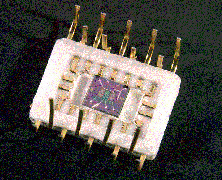 A close-up of an integrated circuit chip with gold pins and a purple central area, mounted on a white ceramic base against a dark background.