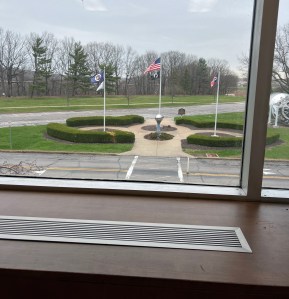 Empty office with window behind.