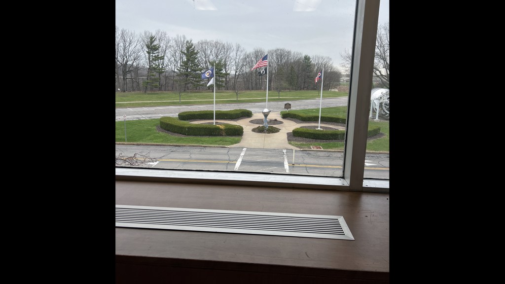 Empty office with window behind.