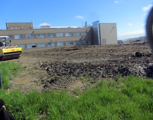 Empty lot with building in background.
