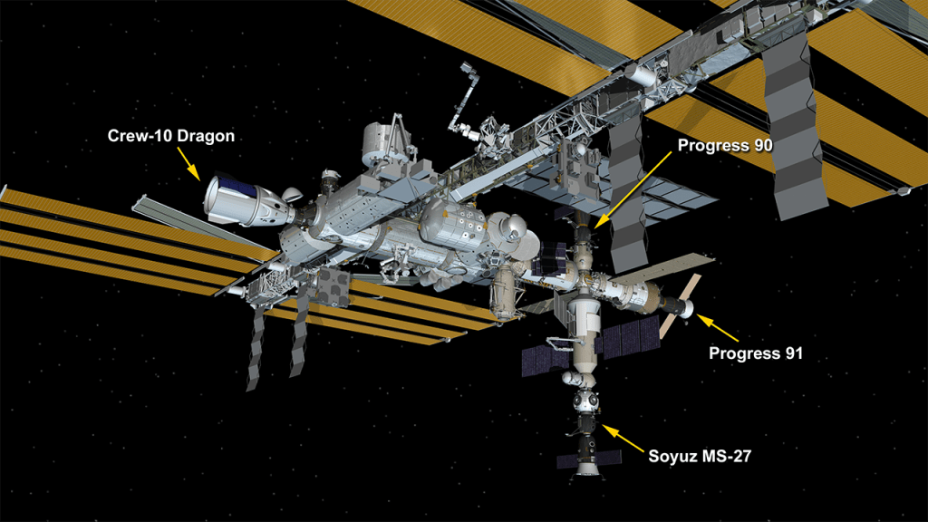 April 19, 2025: International Space Station Configuration. Four spaceships are parked at the space station including the SpaceX Dragon crew spacecraft, the Soyuz MS-27 crew ship, and the Progress 90 and 91 resupply ships.