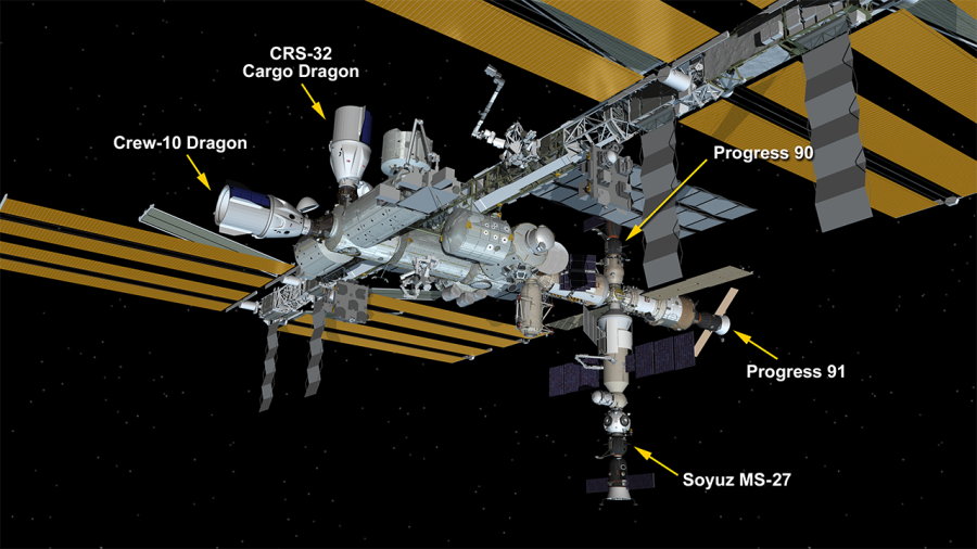 April 22, 2025: International Space Station Configuration. Five spaceships are parked at the space station including the SpaceX Dragon crew and cargo spacecraft, the Soyuz MS-27 crew ship, and the Progress 90 and 91 resupply ships.