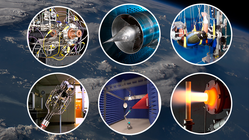 View of Earth from space with clouds and ocean. On the right, six circular insets show spacecraft testing and equipment, including machinery, a jet engine, and a glowing engine thruster under examination.