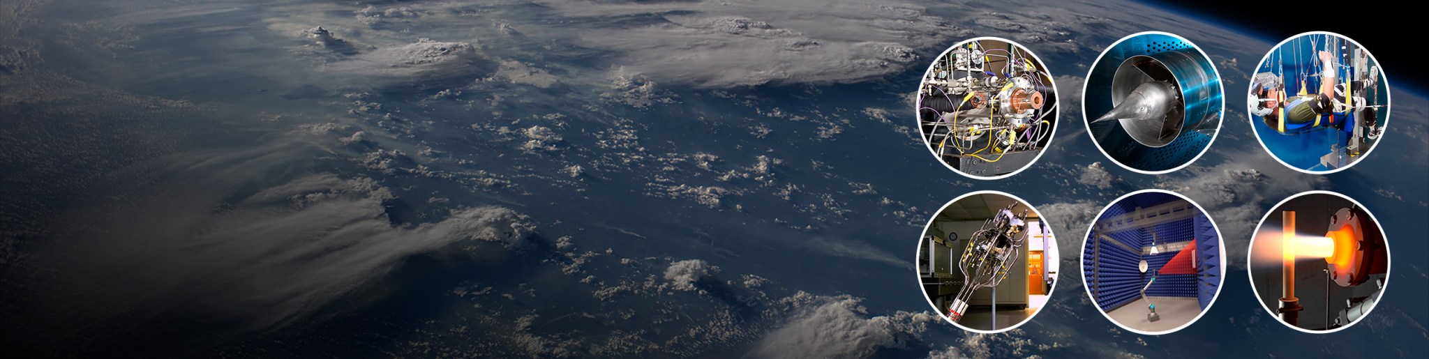 View of Earth from space with clouds and ocean. On the right, six circular insets show spacecraft testing and equipment, including machinery, a jet engine, and a glowing engine thruster under examination.