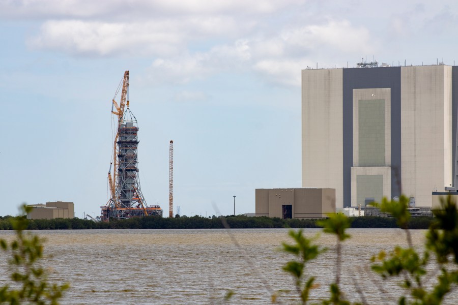Image of NASA's Vehicle Assembly Building and mobile launcher 2 under construction