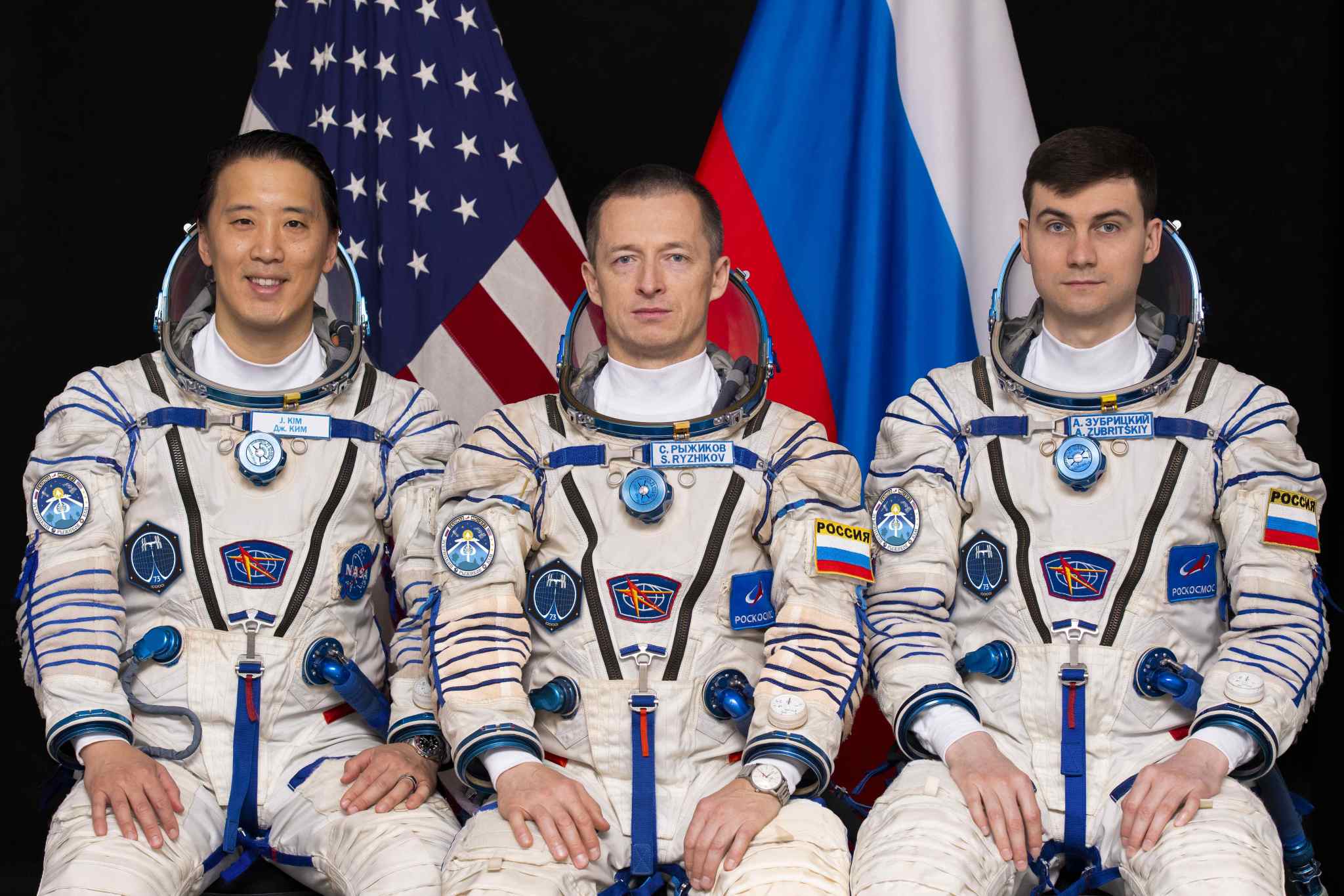 The Roscosmos Soyuz MS-27 spacecraft will launch from the Baikonur Cosmodrome in Kazakhstan to the International Space Station with (pictured left to right) NASA astronaut Jonny Kim and Roscosmos cosmonauts Sergey Ryzhikov and Alexey Zubritsky.