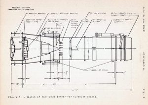 Line drawing of jet engine with afterburner.
