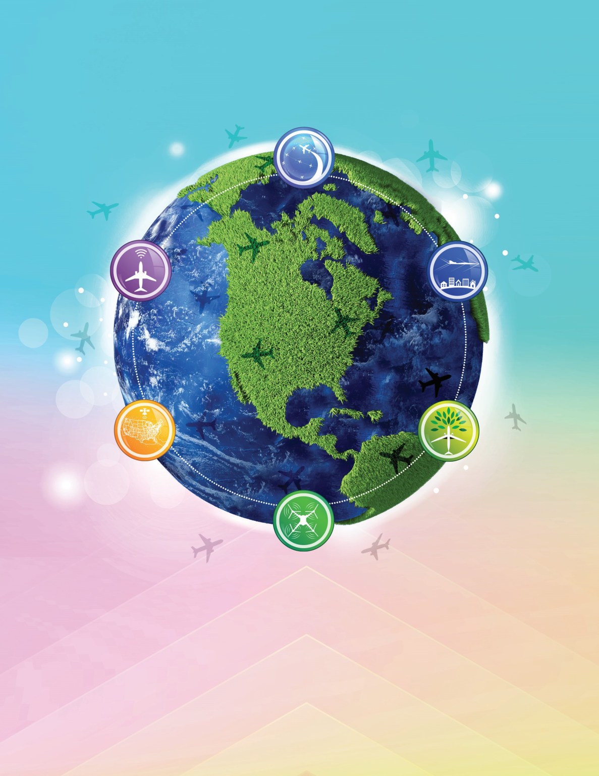 NASA's Aeronautics Research Mission Directorate's Strategic Implementation Plan cover image, the earth with various planes in flight.