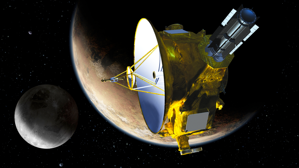 An artist’s concept of a spacecraft. Its body, made up of white and silver instruments, is mostly covered in shiny golden foil. A large white satellite dish is mounted atop the spacecraft, aiming towards the image’s left edge. The space behind the spacecraft contains two planets–one nearby and one distant–that are framed by a starry space background.