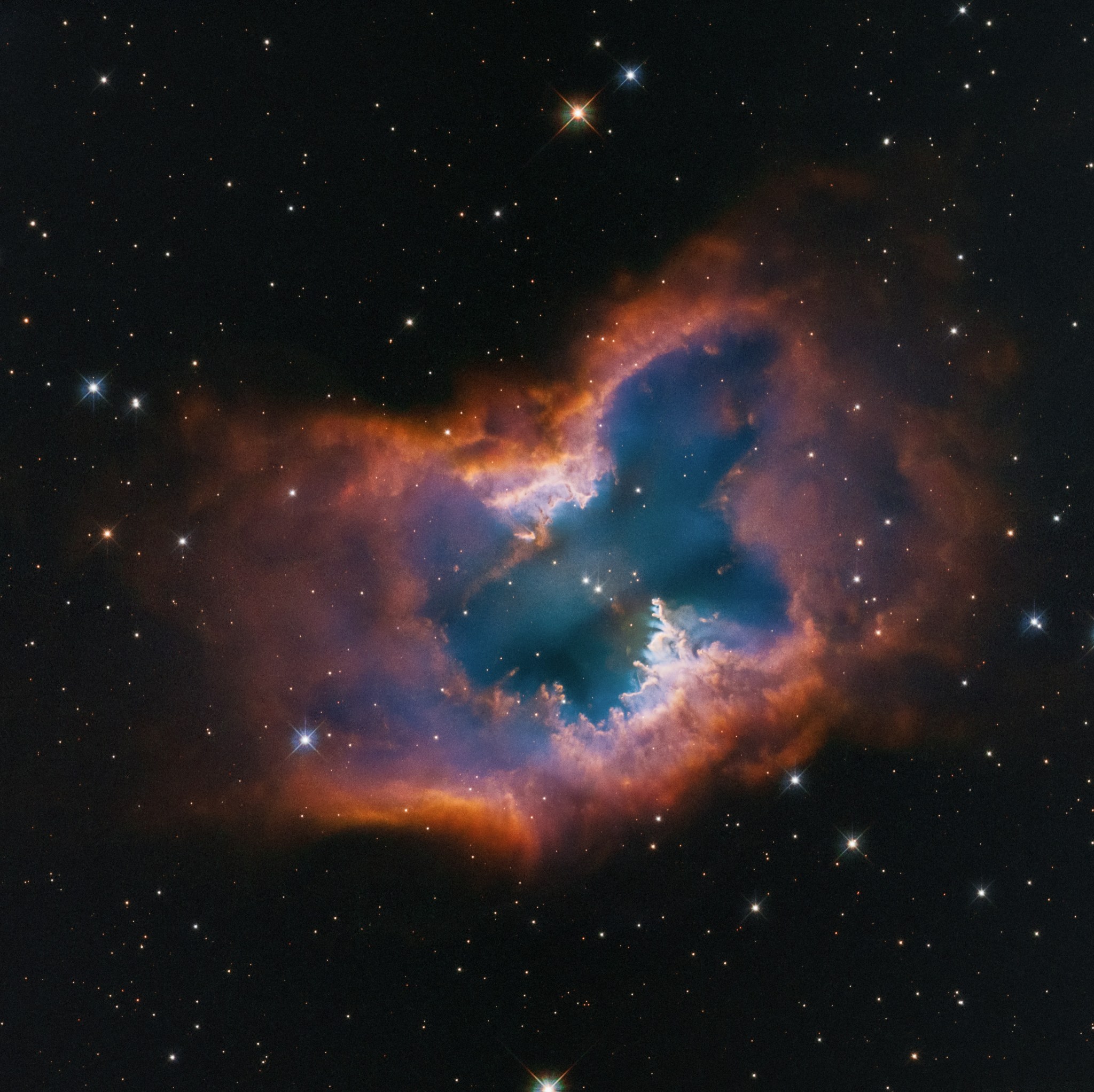 This Hubble Space Telescope image captures the beauty of the moth-like planetary nebula NGC 2899. This object has a diagonal, bipolar, cylindrical outflow of gas. This is propelled by radiation and stellar winds from a nearly 40,000-degree-Fahrenheit white dwarf at the center. In fact, there may be two companion stars that are interacting and sculpting the nebula, which is pinched in the middle by a fragmented ring or torus – looking like a half-eaten donut. It has a forest of gaseous “pillars” that point back to the source of radiation and stellar winds. The colors are from glowing hydrogen and oxygen. The nebula lies approximately 4,500 light-years away in the southern constellation Vela.