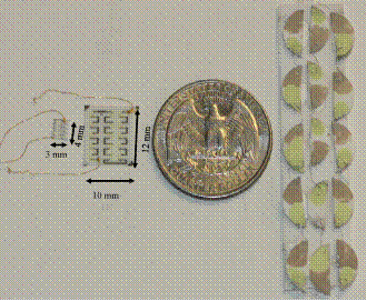 A small electronic chip with labeled dimensions of 3x4 mm and 10x12 mm is shown next to a quarter for scale and a strip of round, half-green, half-yellow tablets aligned vertically on the right.