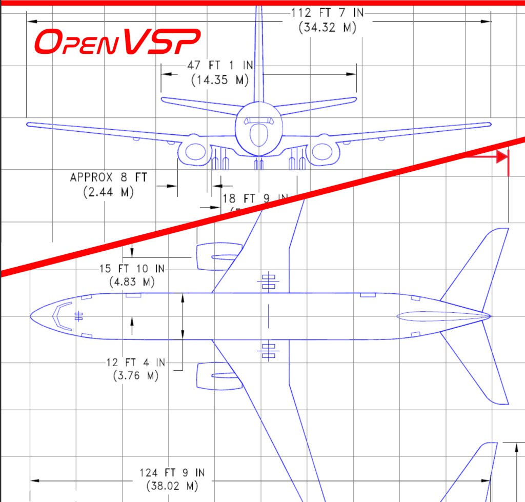 Line drawings of airplanes with dimensions and Open VSP text.