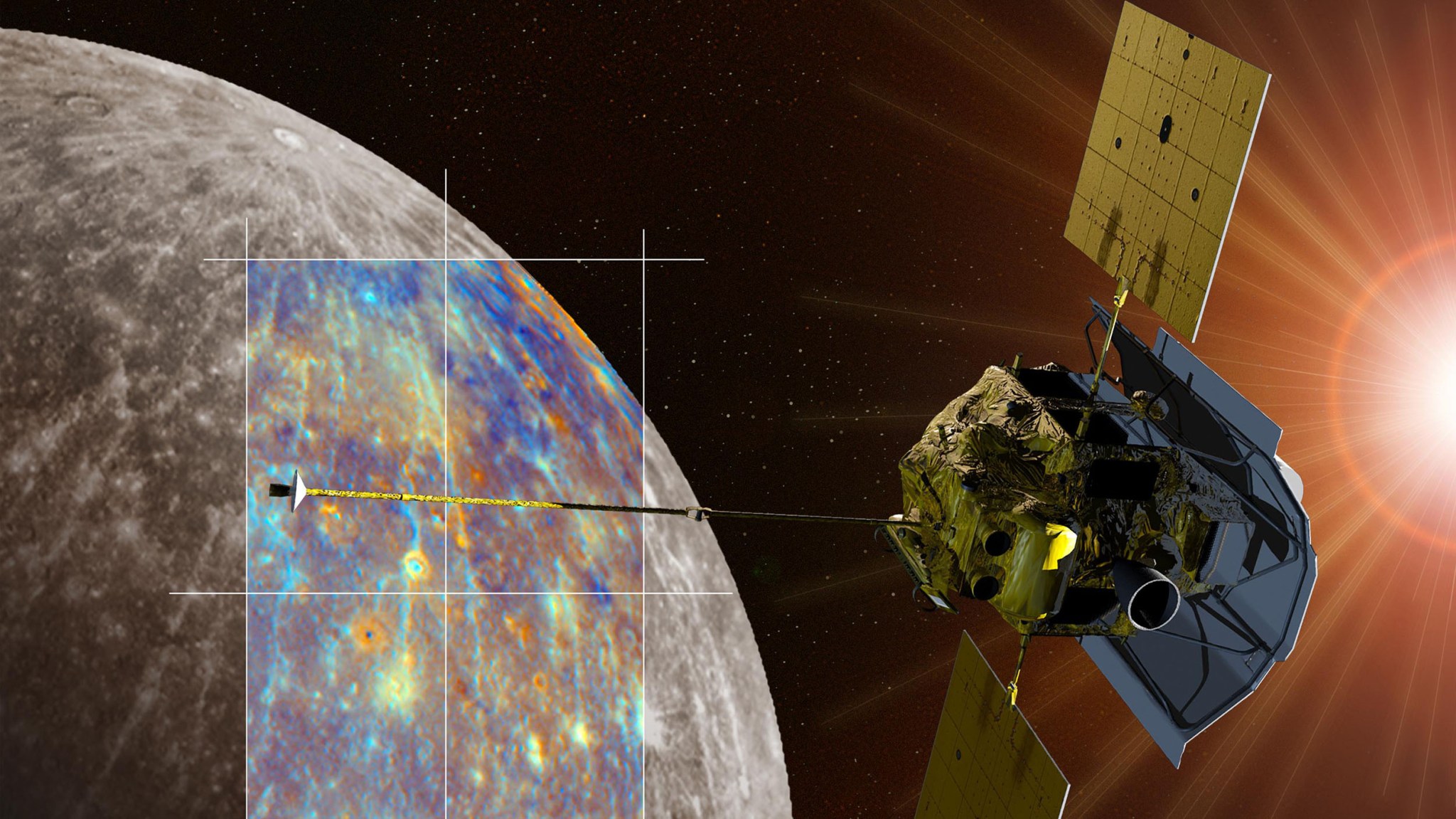 Artist’s rendering of the MESSENGER spacecraft orbiting Mercury, overlaid with a color-enhanced planetary map. The Sun glows brightly in the background.