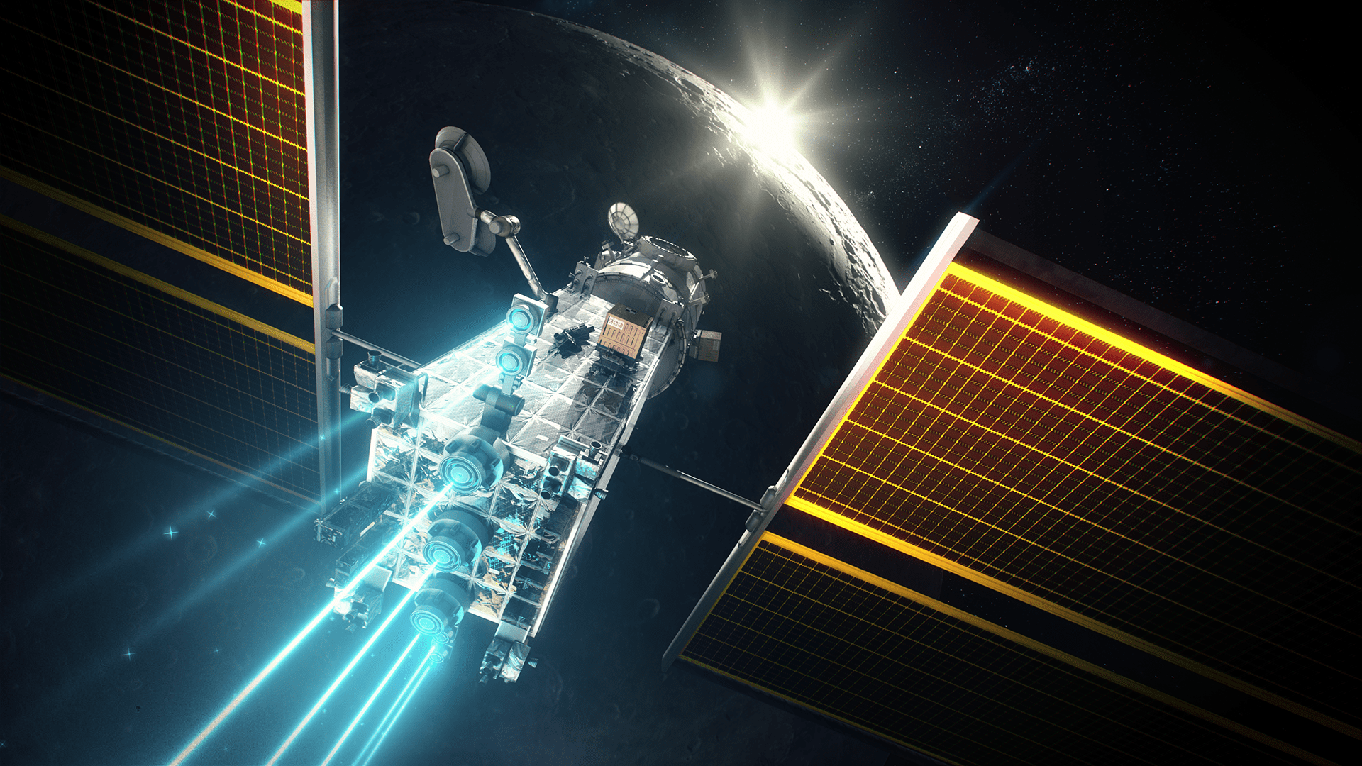 Artist rendering of power and propulsion element (PPE) spacecraft showing high-power electric propulsion thrusters operating. Electric propulsion systems and missions are expected to benefit from higher power efficiency inherent to silicon carbide power electronics.