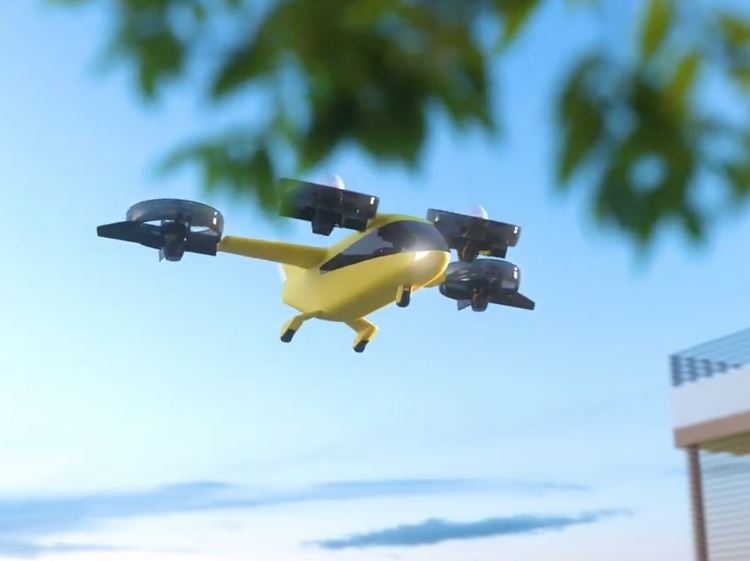 Sky for All yellow four rotor eVTOL vehicle illustration.