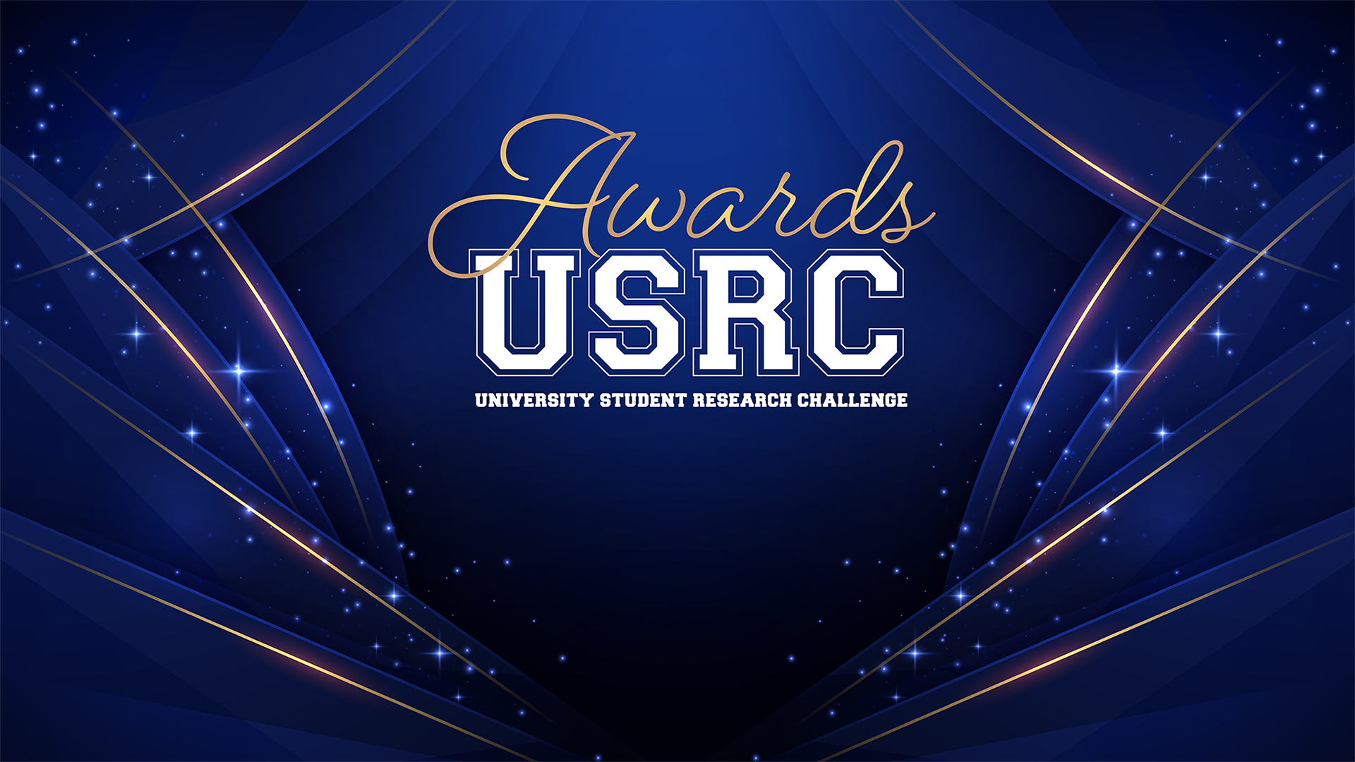 Dark blue background with golden lines and glitter affect. Text reads USRC Awards.