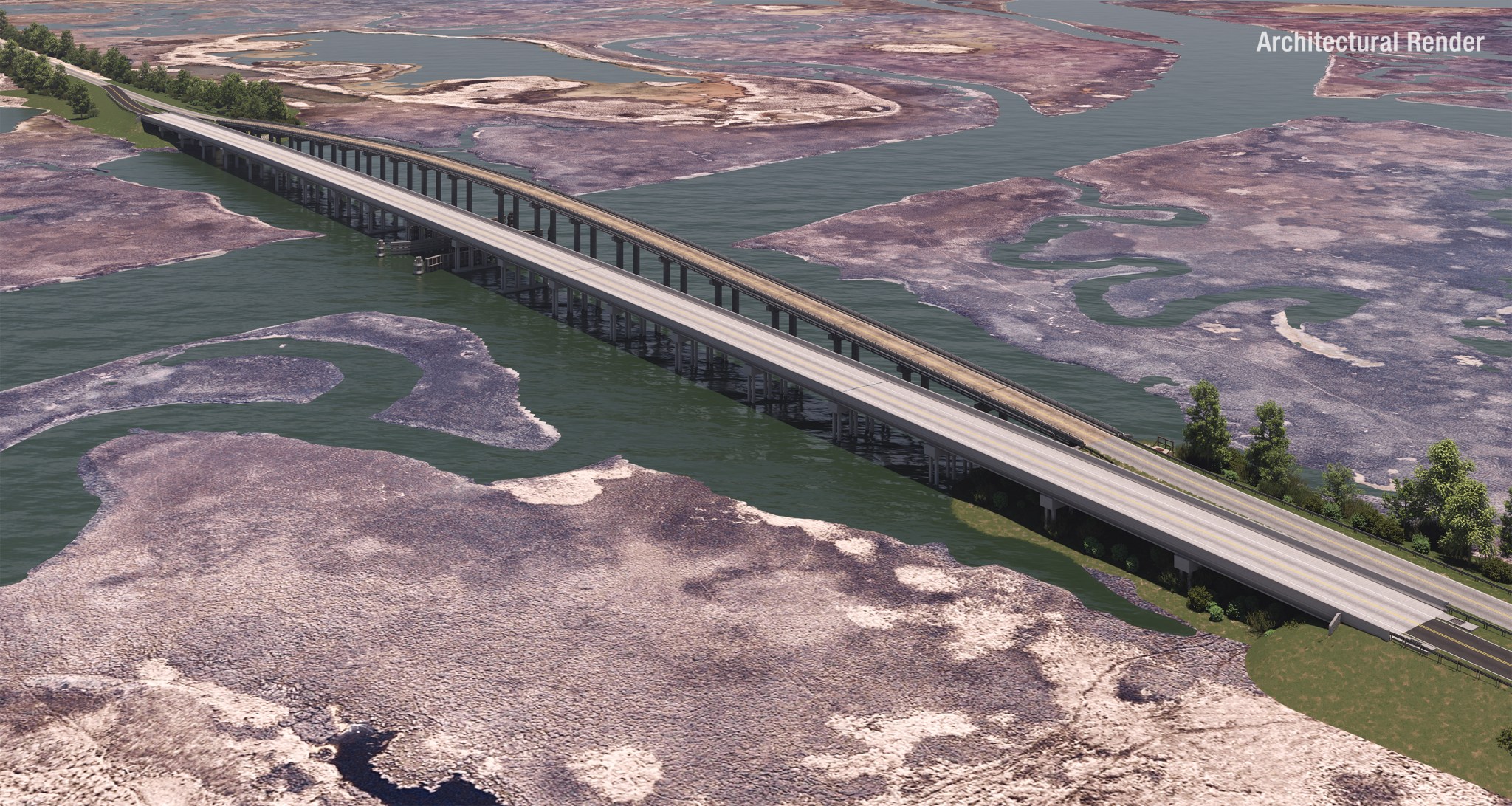 An architectural rendering showing the new Wallops Island causeway bridge next to the old causeway bridge. There are two bridges side-by-side, one flat and the other more arched over the waterway.