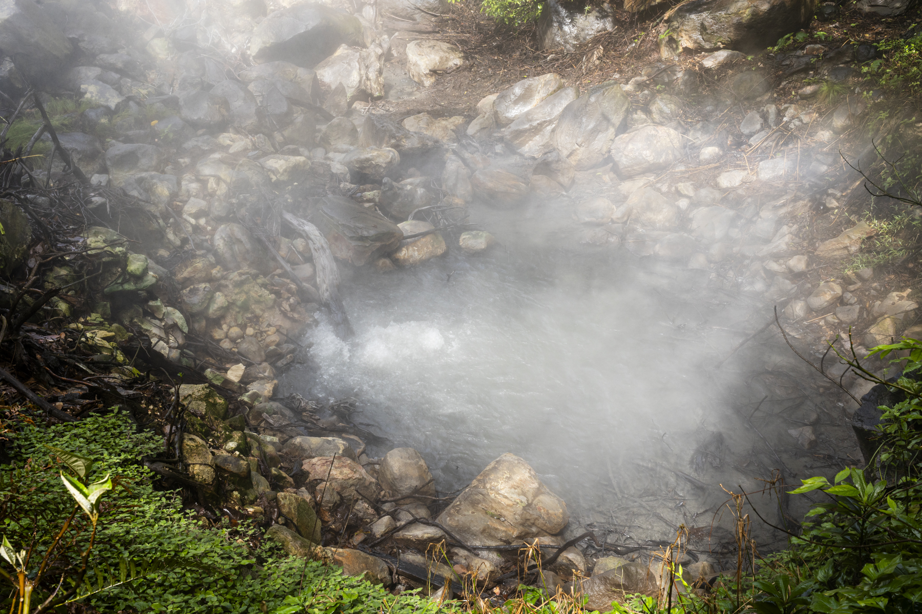 Steam rises from a bubbling pool of water surrounded by rocks.