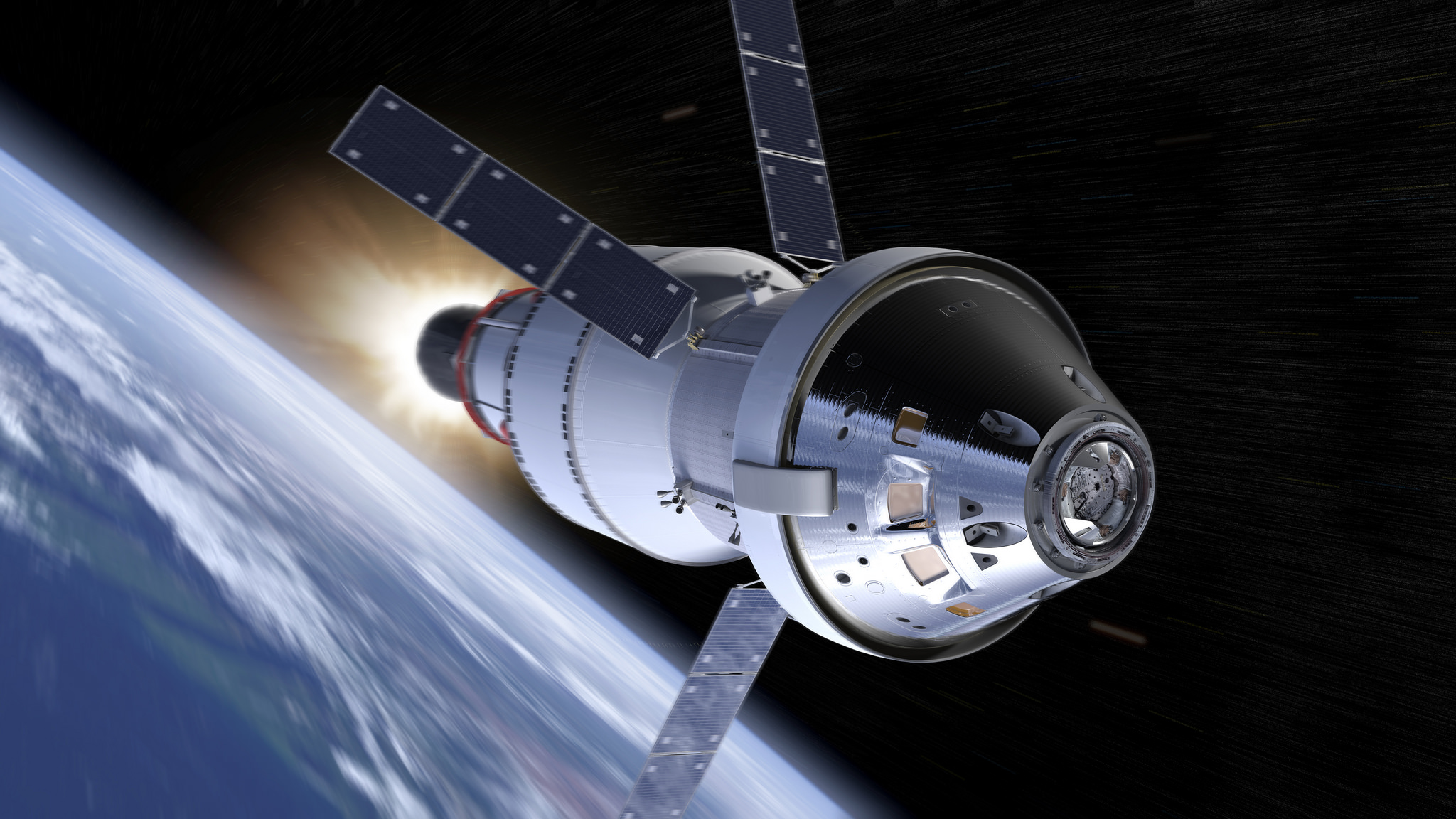 An illustration of Artemis 1's Orion spacecraft traveling through space.