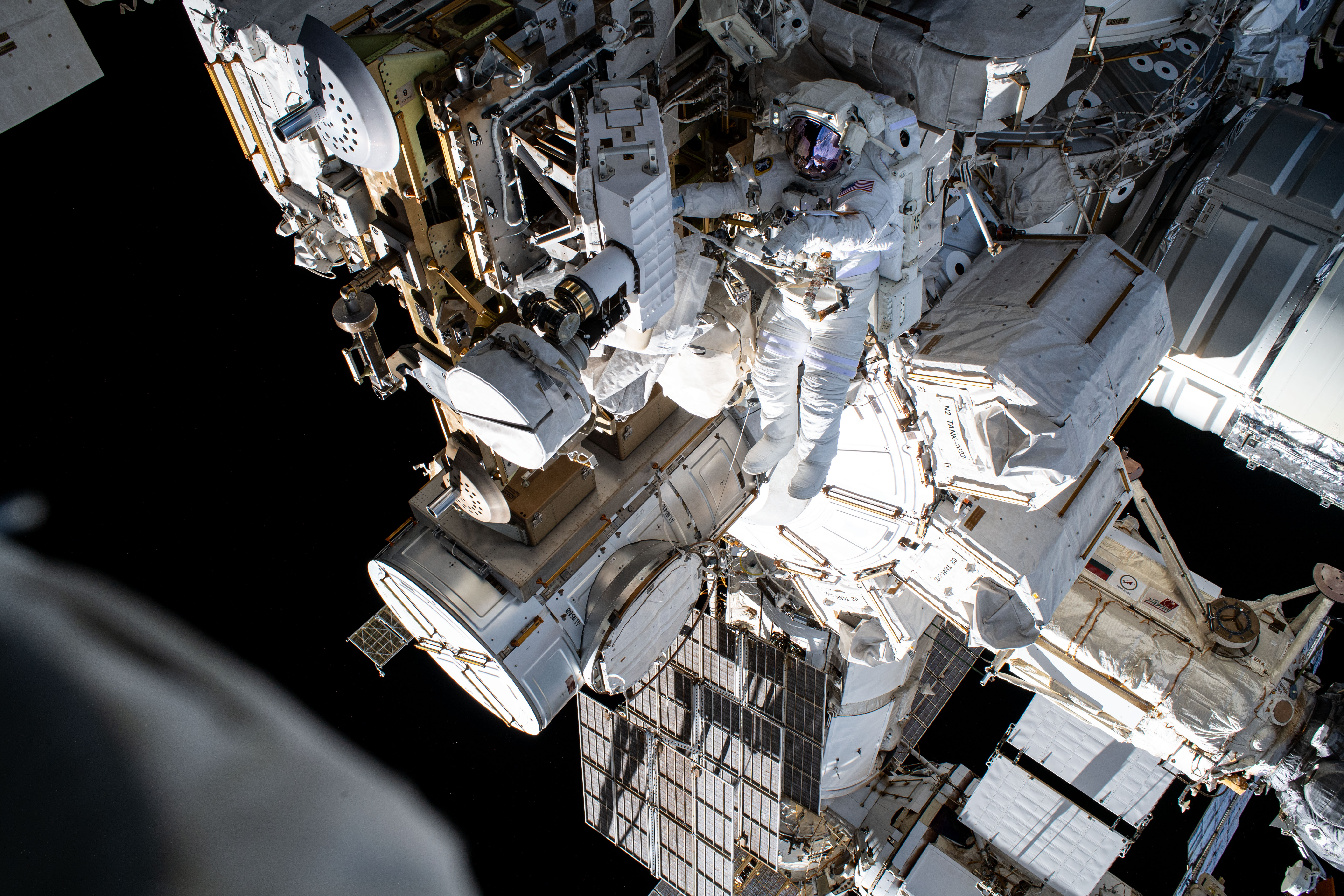 NASA astronaut and Expedition 72 Flight Engineer Butch Wilmore works outside the International Space Station during a five-hour and 26-minute space...