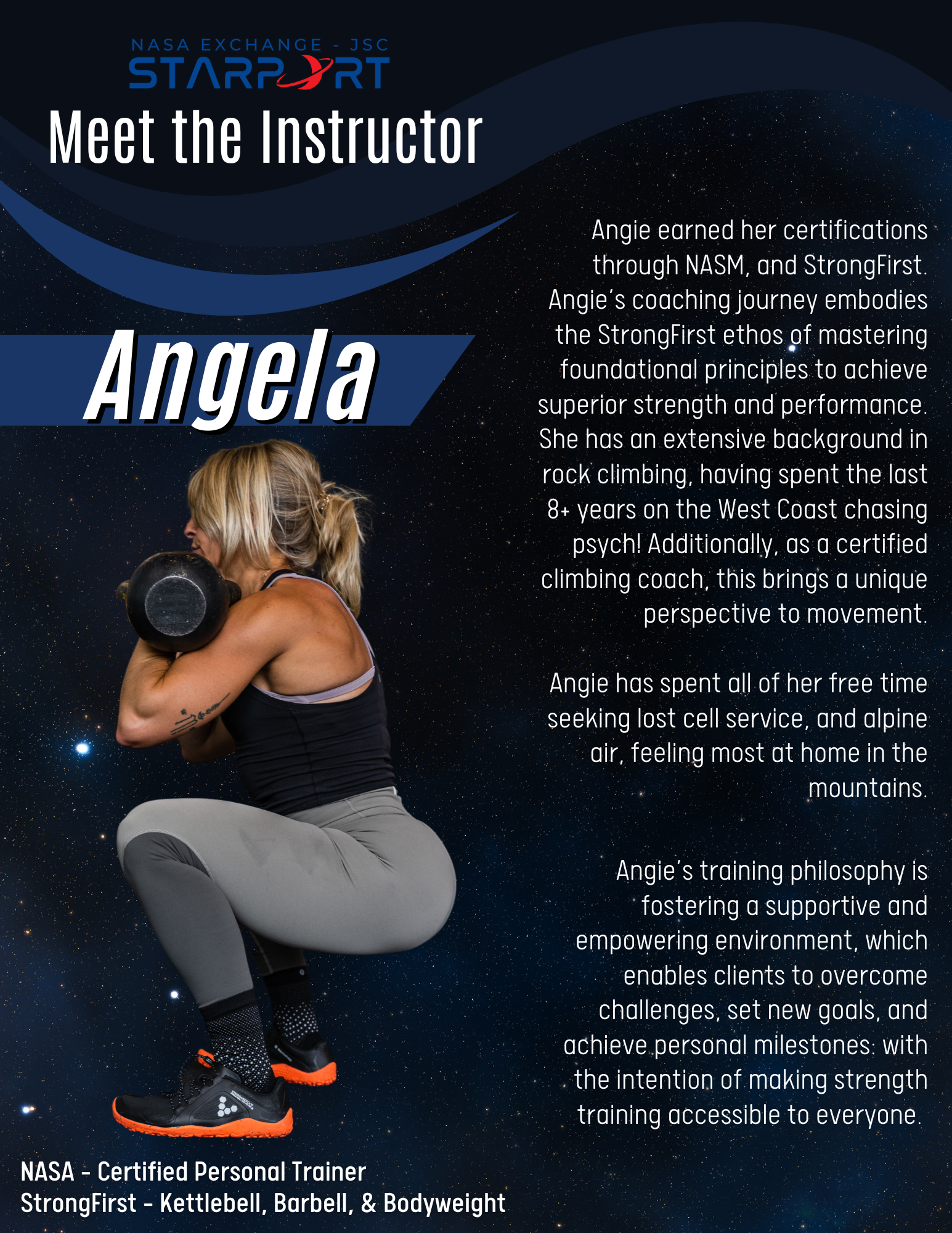 Instructor biography for Angela Tino, a personal trainer at the Gilruth Center. 
