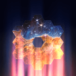 Artist's illustration of the James Webb Space Telescope's primary mirror, made of 18 hexagonal segments, interlocking like honeycomb to form a larger hexagon, with one open space in the center. The iconic Carina Nebula Webb image is superimposed on the mirror. The image is divided horizontally by an undulating line between a cloudscape forming a nebula along the bottom portion and a comparatively clear upper portion. The upper portion of the image is blueish, and has wispy translucent cloud-like streaks rising from the nebula below. The orangish cloudy formation in the bottom half varies in density and ranges from translucent to opaque, with ridges, peaks, and valleys, similar to a mountain range. 