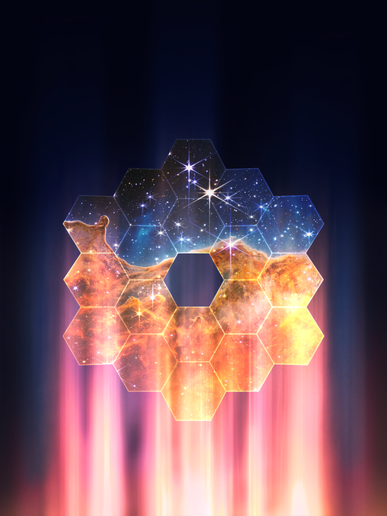 Artist's illustration of the James Webb Space Telescope's primary mirror, made of 18 hexagonal segments, interlocking like honeycomb to form a larger hexagon, with one open space in the center. The iconic Carina Nebula Webb image is superimposed on the mirror. The image is divided horizontally by an undulating line between a cloudscape forming a nebula along the bottom portion and a comparatively clear upper portion. The upper portion of the image is blueish, and has wispy translucent cloud-like streaks rising from the nebula below. The orangish cloudy formation in the bottom half varies in density and ranges from translucent to opaque, with ridges, peaks, and valleys, similar to a mountain range.