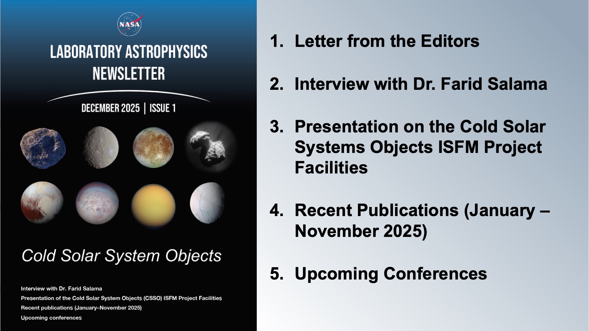 An image of the cover page for the first issue of the Laboratory Astrophysics Newsletter.