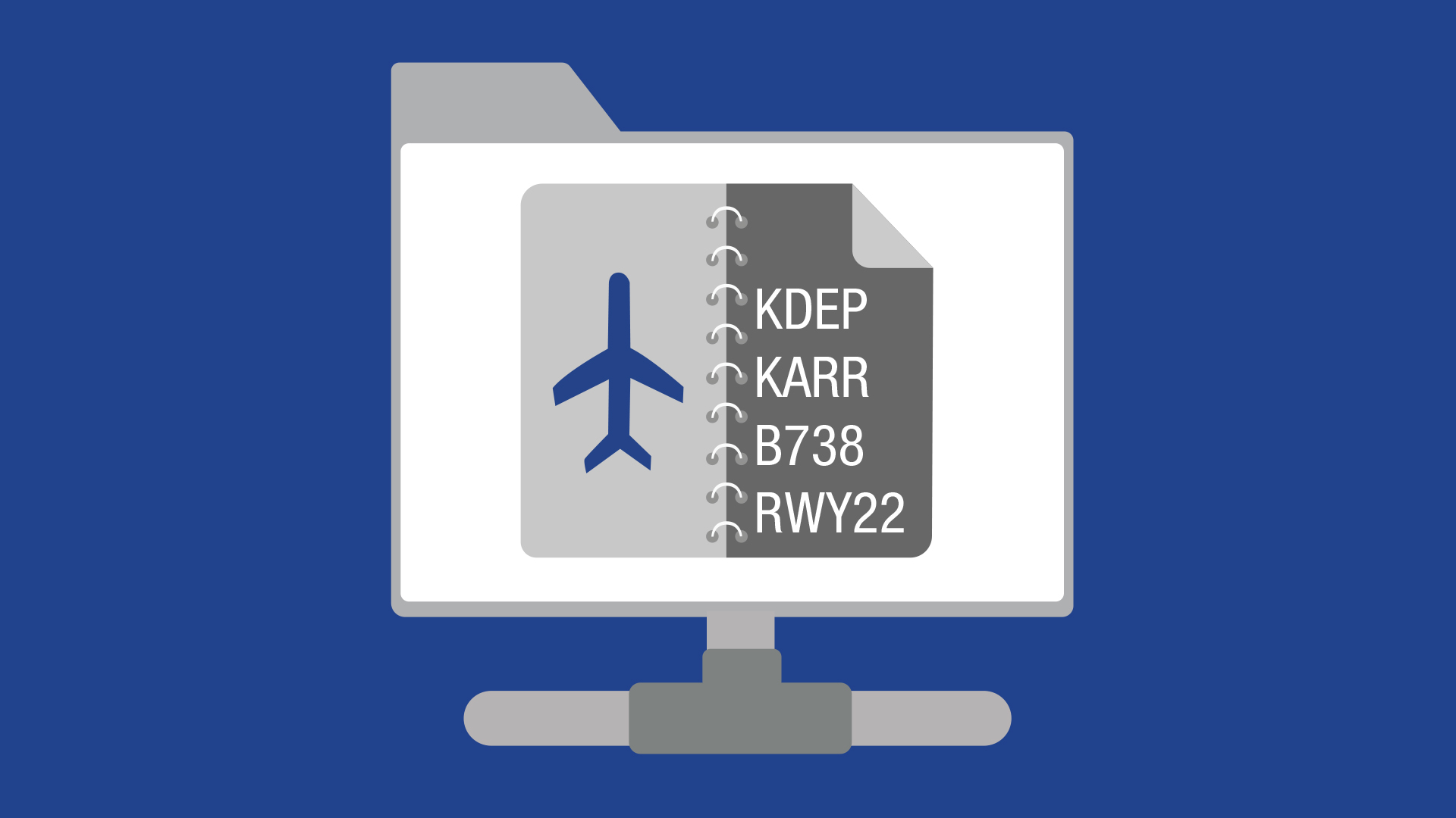 The image depicts a file system folder connected to a data network. Inside the folder is a notebook with an aircraft image on the left-hand side, and written text showing the aircraft type, arrival/departure airports and runway. This illustrates the Archival Service’s ability to deliver historic aviation data on a file-by-file basis.