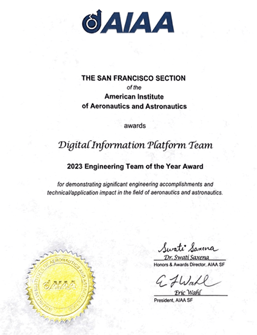 Image of an award certificate for Dr. Swati Saxena, "2023 Engineering Team of the Year Award"