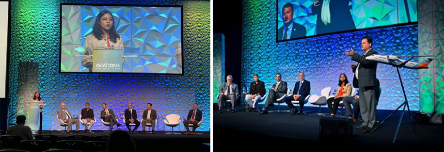 Two images, the one on the left is a woman standing on a stage and giving a presentation, with 6 men sitting on stage. The one on the right is a man standing on the stage and giving a presentation, with an airplane model in his foreground. These both have the caption, "Swati Saxena and the SFNP Panel at the AIAA Aviation Forum"