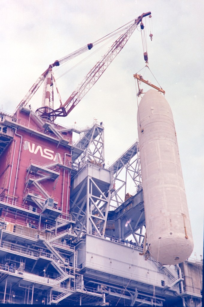 NASA Stennis teams remove a space shuttle external fuel tank from B-2 side of the Thad Cochran Test Stand