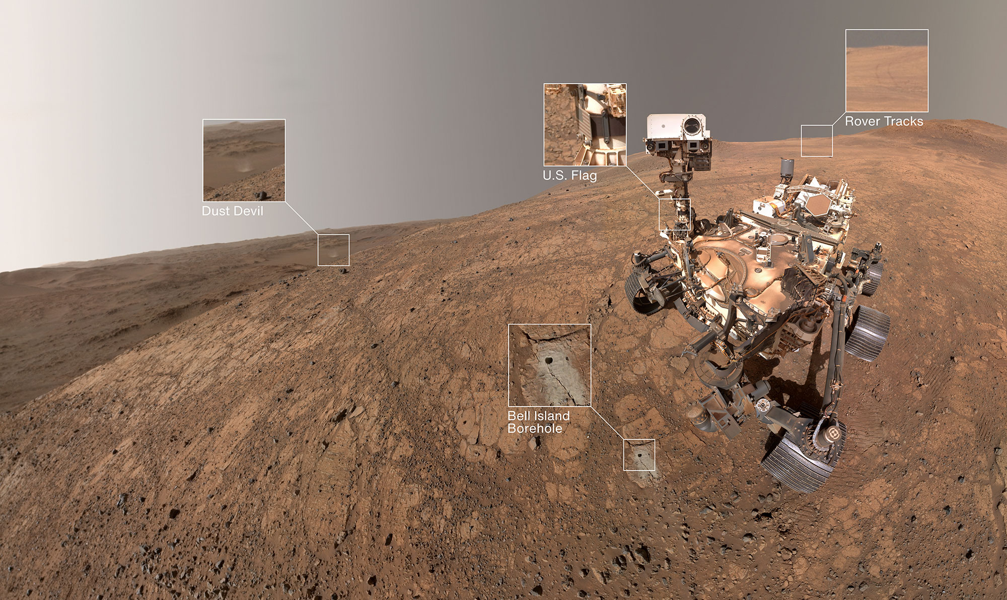 Fifty-nine individual images went into the creation of this Perseverance rover selfie.