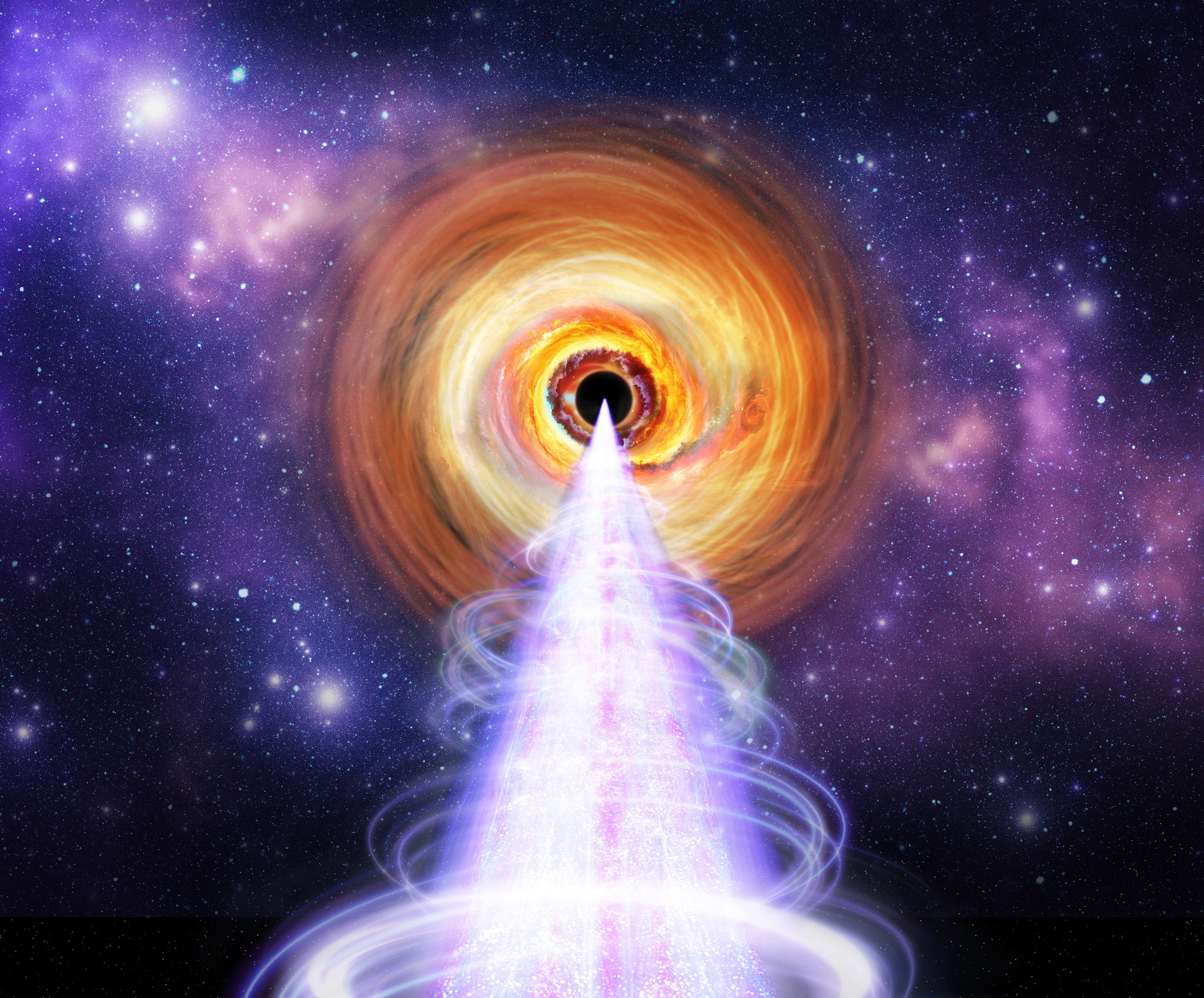 This illustration depicts the central region of a galaxy like BL Lac. The galaxy’s central black hole is surrounded by swirls of orange in various shades representing the disk of material falling in toward the black hole. Two “arms” extend from the lower right and upper left side of the orange disk off the sides. The arms and disk are surrounded by puffy purple clouds of gas and dust. A cone of light starts at the central black hole at a small point and widens out until it spills off the bottom of the image. It is streaked with lines of white, pink and purple. It is surrounded by thin coiled lines in similar colors. All of this is against the backdrop of black speckled with a few white dots.
