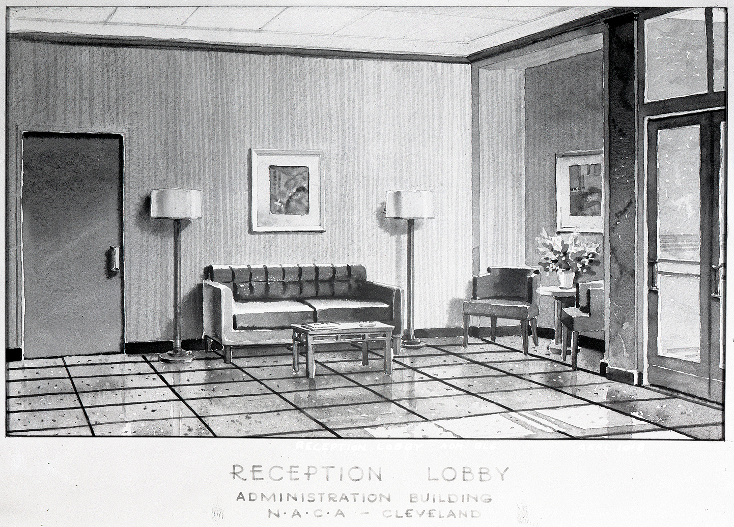 Watercolor rendering of the lobby.