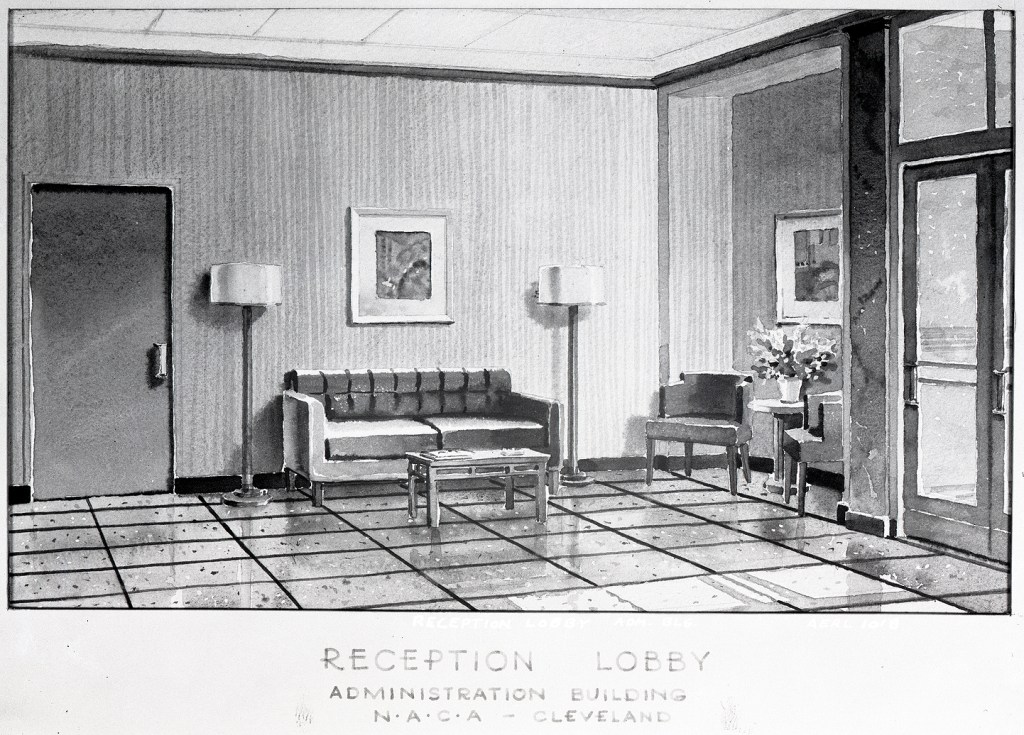 Watercolor rendering of the lobby.