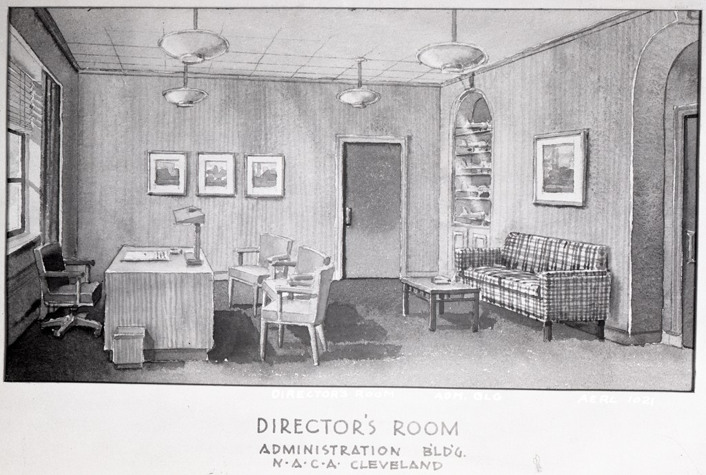 Watercolor rendering of directors office.