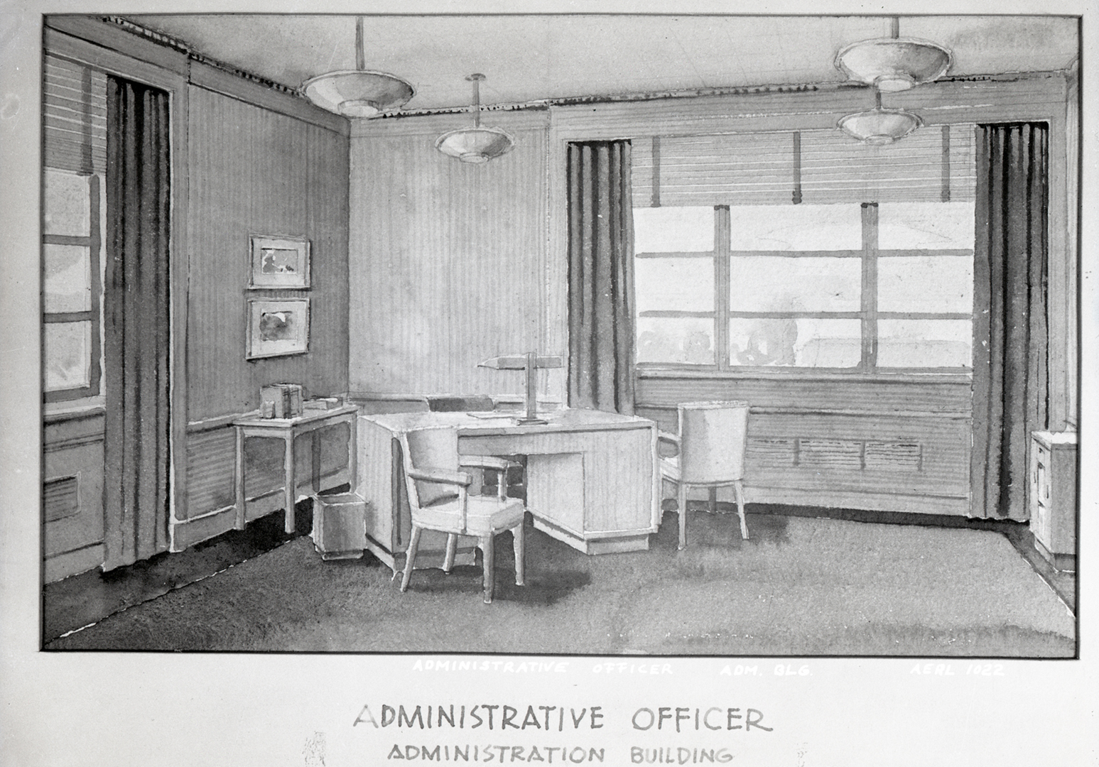 Watercolor illustration of corner office.