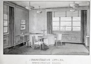 Watercolor illustration of corner office.